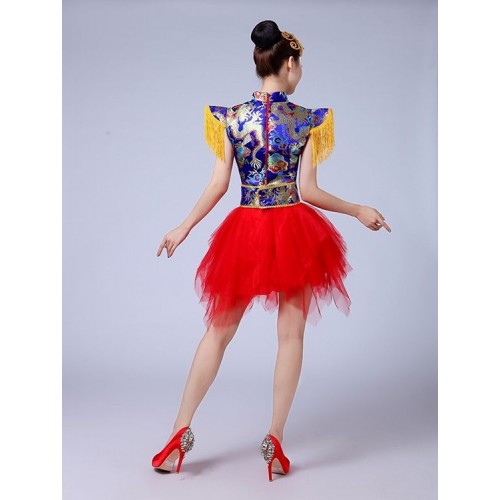 Chinese folk dance costumes dragon red gold royal blue damask drummer yangko fan dancing stage performance photos cosplay dresses